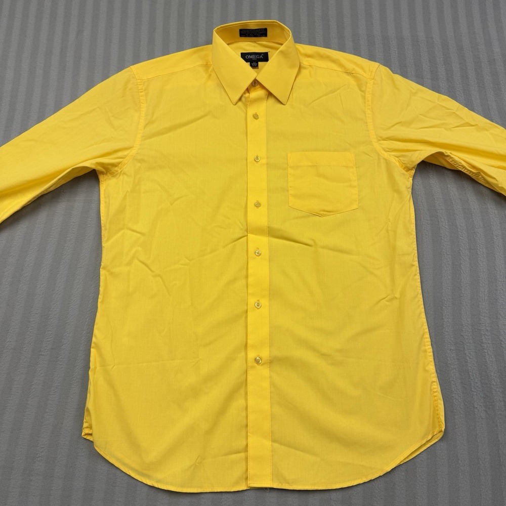 Omega Italy Mens Yellow Short Sleeve Button Up Shirt Dress Shirt Size Medium